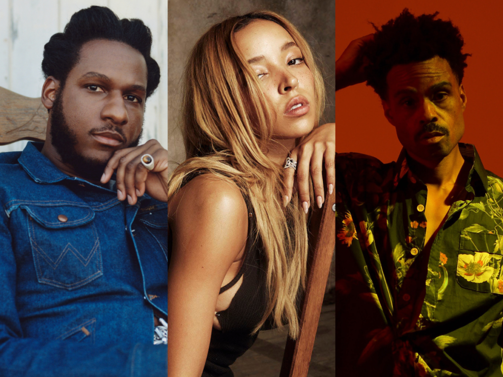 A photo collage of R&B singers Leon Bridges, Tinashe, and Bilal, who have upcoming concerts in 2024