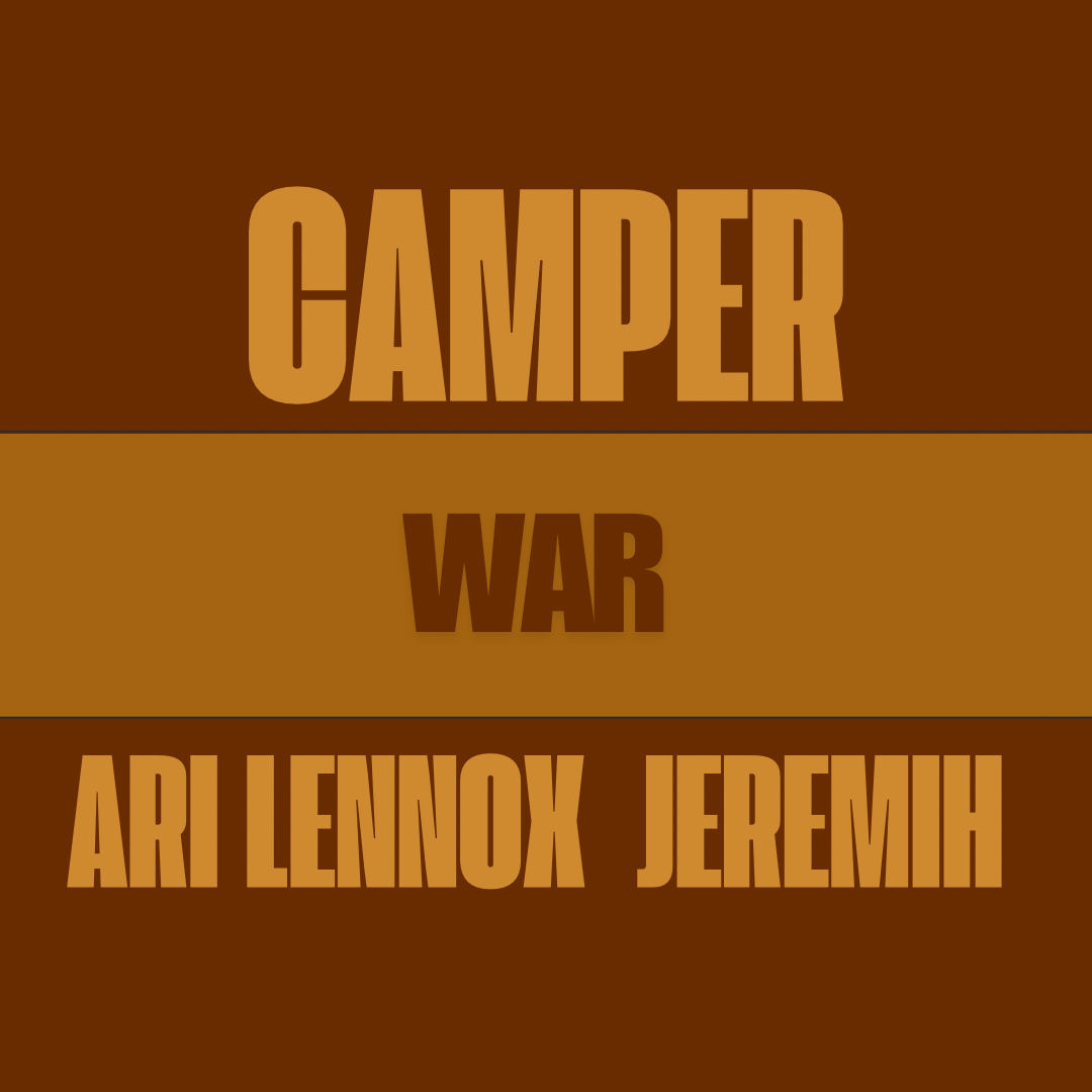 cover art for the song "Camper" featuring artists Ari Lennox and Jeremih, displayed in a three-tiered, brown color block design with bold text.