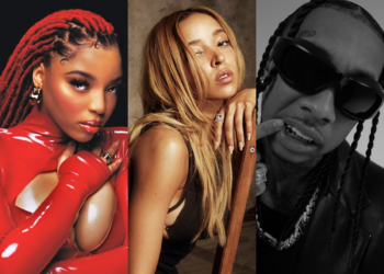 A photo collage of Tinashe with fellow singer Chloe and rapper Tyga, who both appear on separate remixes of her song "Nasty"