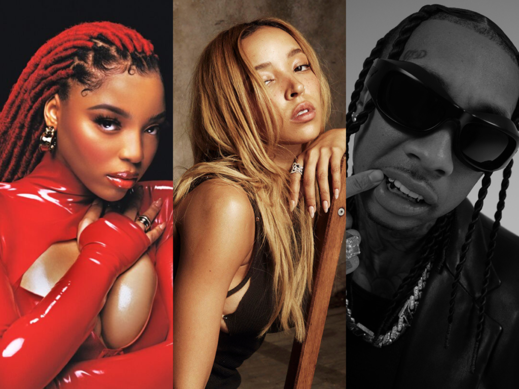 A photo collage of Tinashe with fellow singer Chloe and rapper Tyga, who both appear on separate remixes of her song "Nasty"
