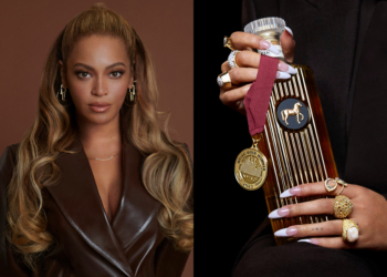 Portrait of Beyoncé on the left, looking directly at the camera with styled hair and wearing a brown satin outfit. On the right, a close-up of hands holding a SirDavis bottle and a gold medal, adorned with multiple rings.