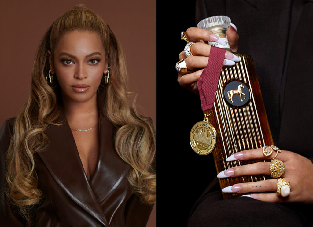 Portrait of Beyoncé on the left, looking directly at the camera with styled hair and wearing a brown satin outfit. On the right, a close-up of hands holding a SirDavis bottle and a gold medal, adorned with multiple rings.