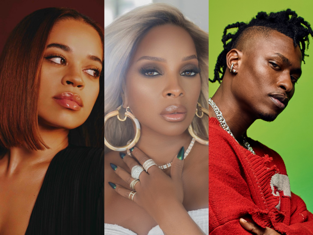 A side-by-side photo of Mary J. Blige, along with Ella Mai and Lucky Daye, who will be performing at tribute at Blige's Rock & Roll Hall of Fame Class of 2024 induction ceremony