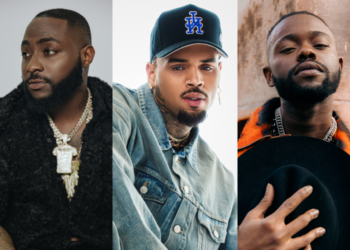 A photo of Davido, Chris Brown, and Lojay, who collaborated on Sensational