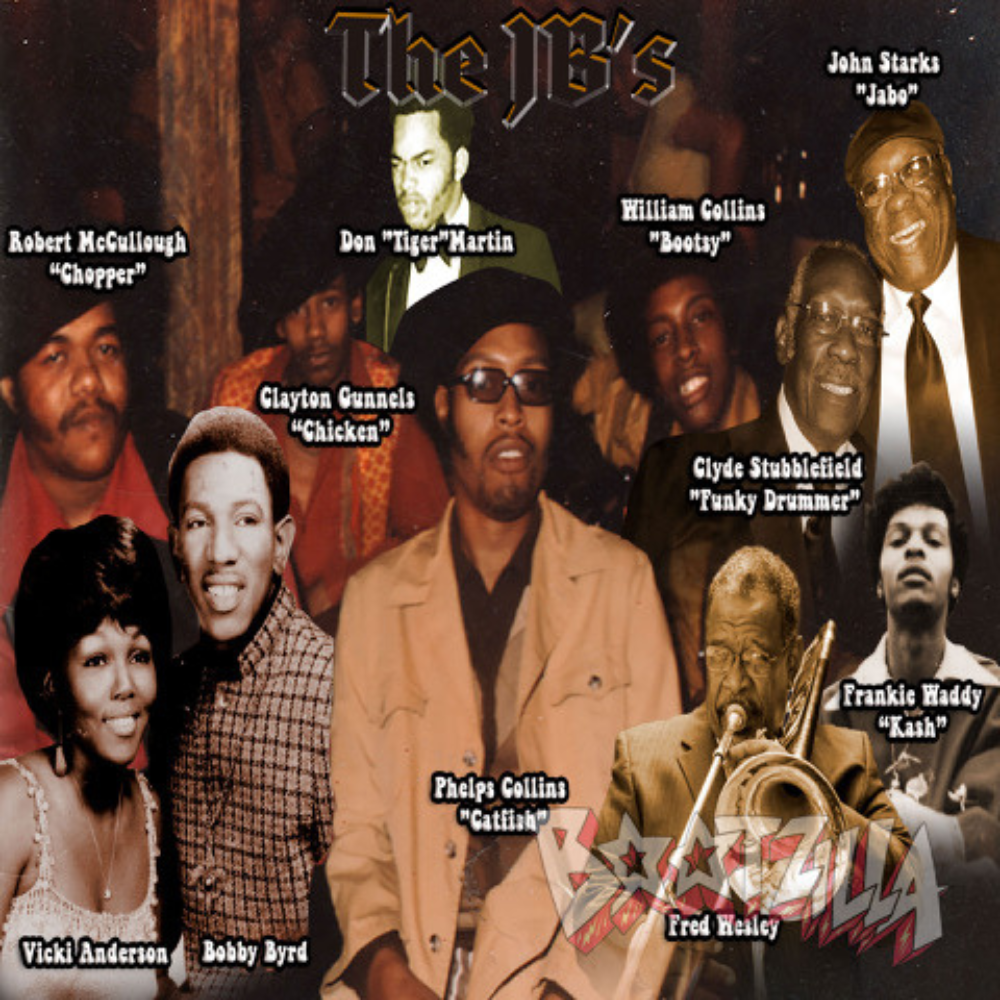 A collage of members of The JB's, James Brown's backing band.