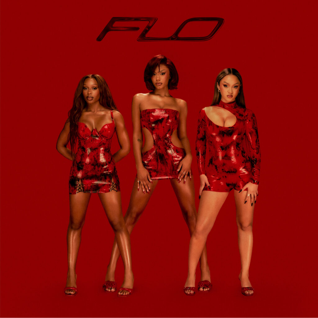 FLO's "Access All Areas" album cover featuring all three group members posed in front of a red backdrop.