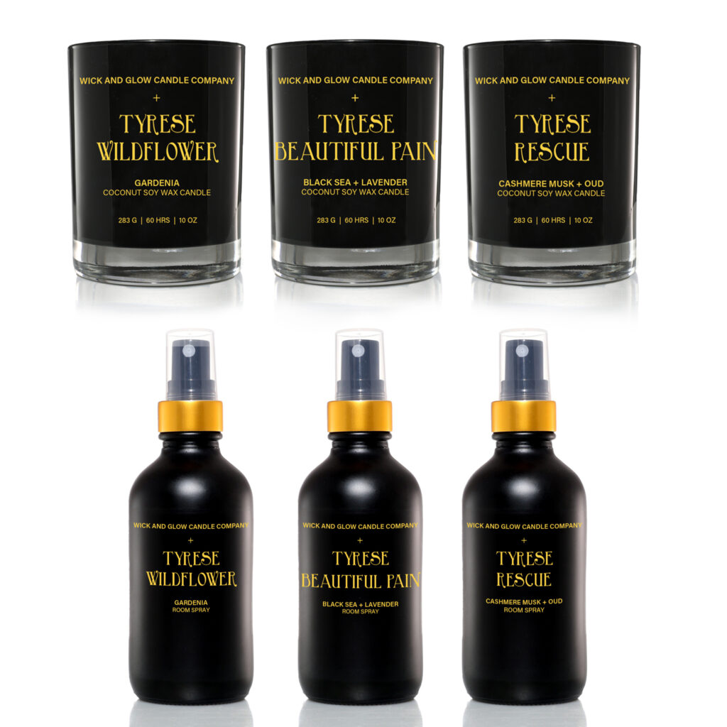 A photo of the candles and room sprays from Tyrese's Beautiful Pain Fragrance Collection