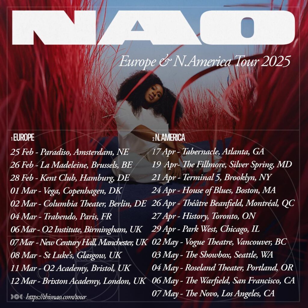 Nao's 2025 tour dates poster for Europe and North America