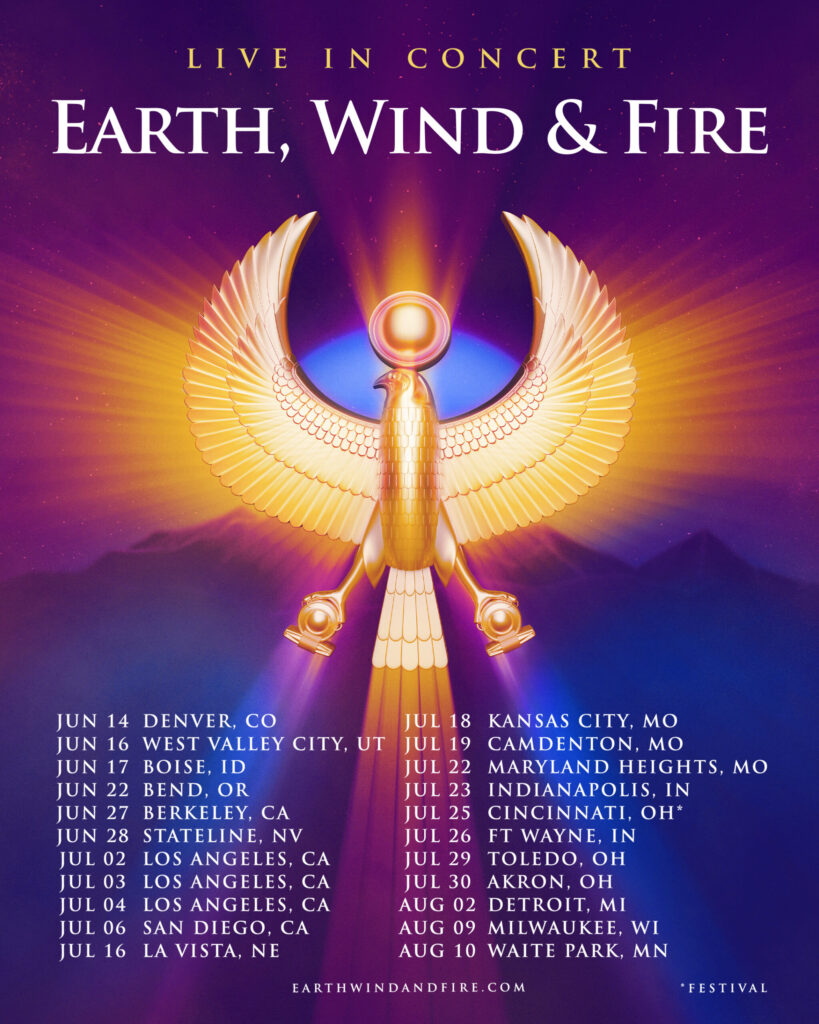 Earth, Wind & Fire's 2025 tour dates poster.