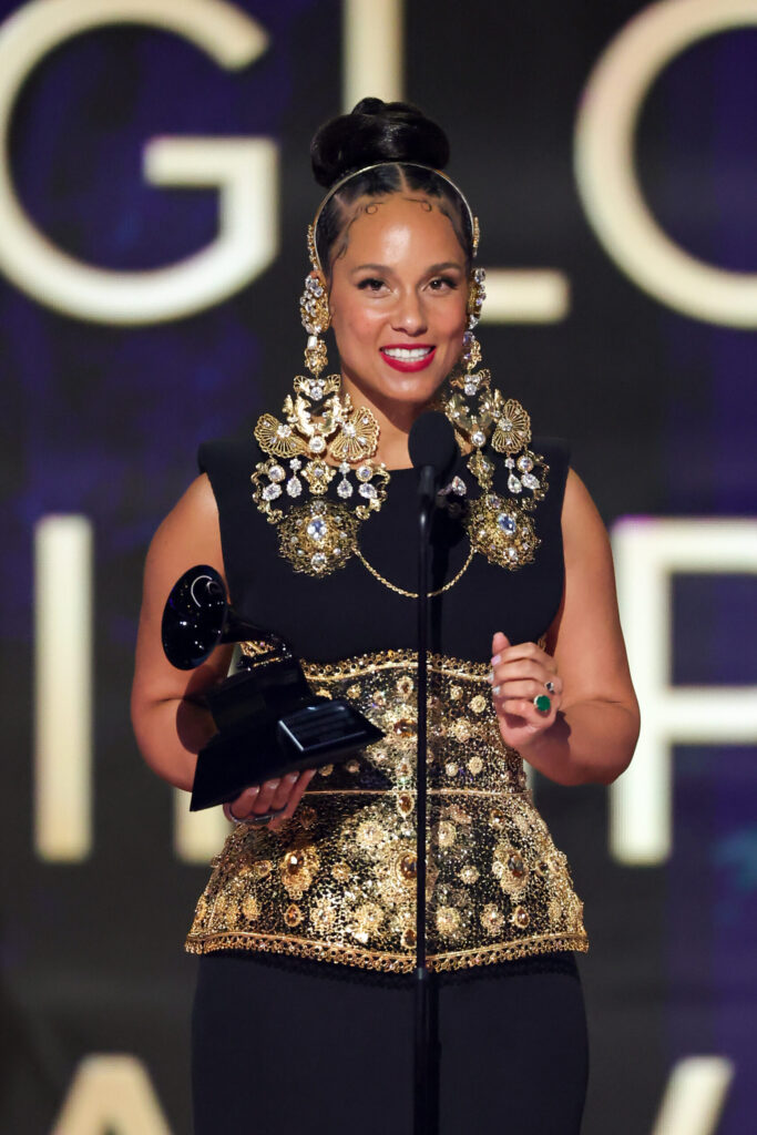 Alicia Keys during her acceptance speech for the Global Impact Award at the 2025 Grammys.