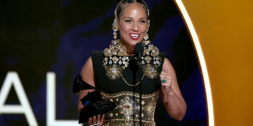 Alicia Keys accepts the Global Impact Award at the 67th Grammys.