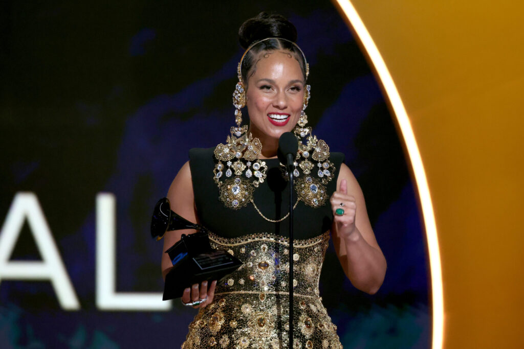 Alicia Keys accepts the Global Impact Award at the 67th Grammys.