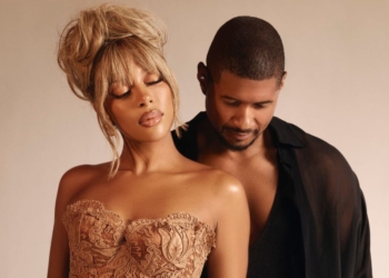 A photo of Victoria Monét and Usher.