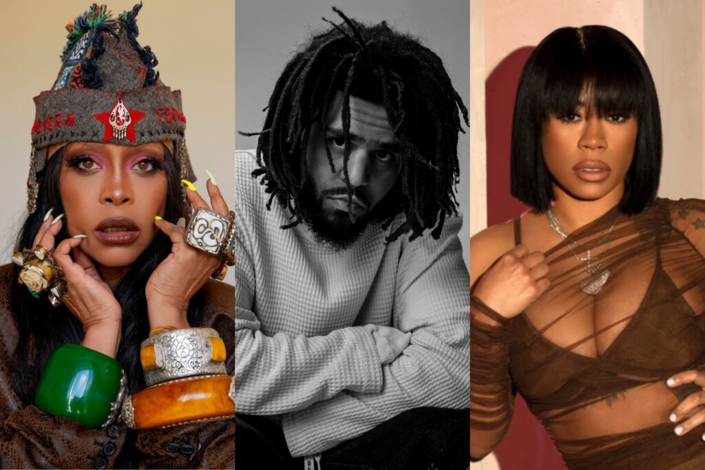 A photo of J. Cole, Erykah Badu and Keyshia Cole who will be performing at the rapper's Dreamville Festival 2025