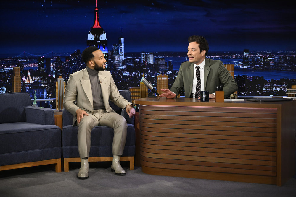 A photo of singer John Legend and The Tonight Show host Jimmy Fallon