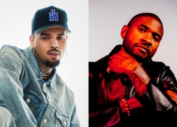 A side by side photo of R&B singers Chris Brown and Usher