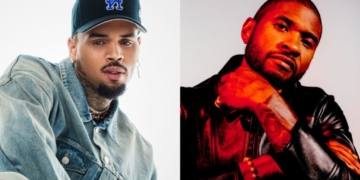 A side by side photo of R&B singers Chris Brown and Usher