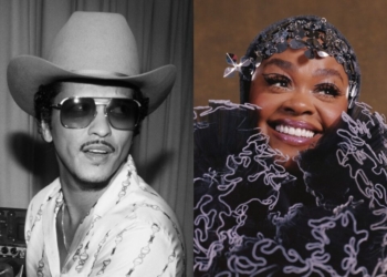 A side by side photo of Bruno Mars and Jill Scott.