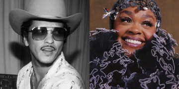 A side by side photo of Bruno Mars and Jill Scott.