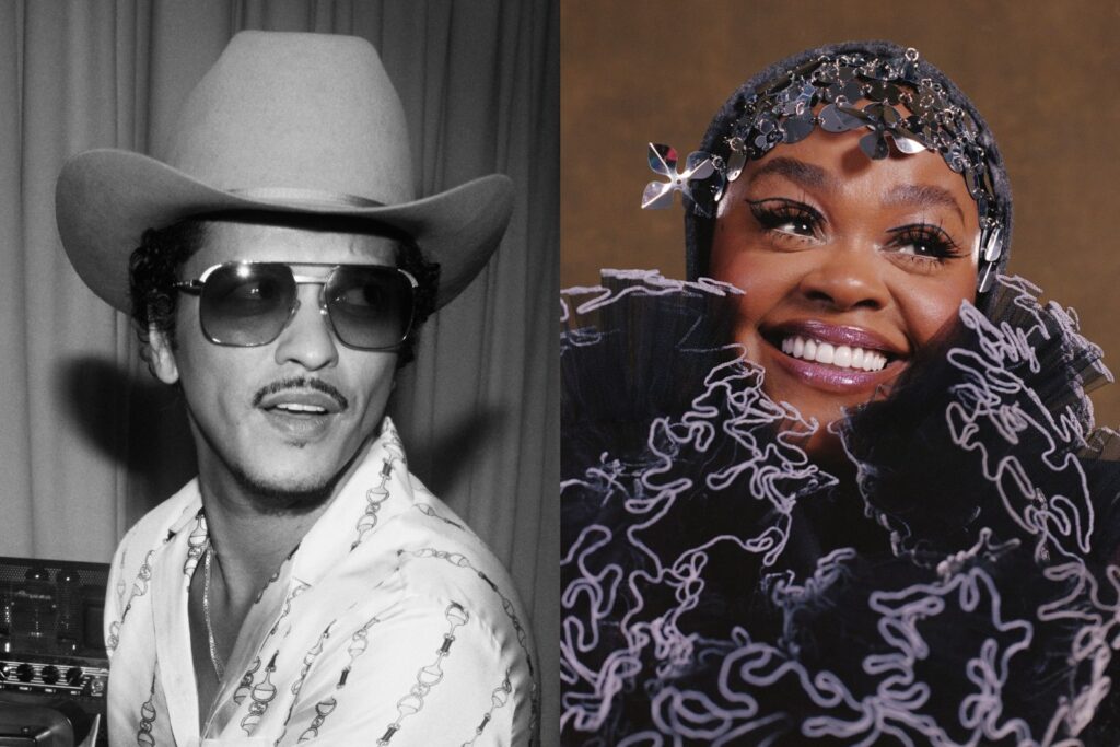 A side by side photo of Bruno Mars and Jill Scott.
