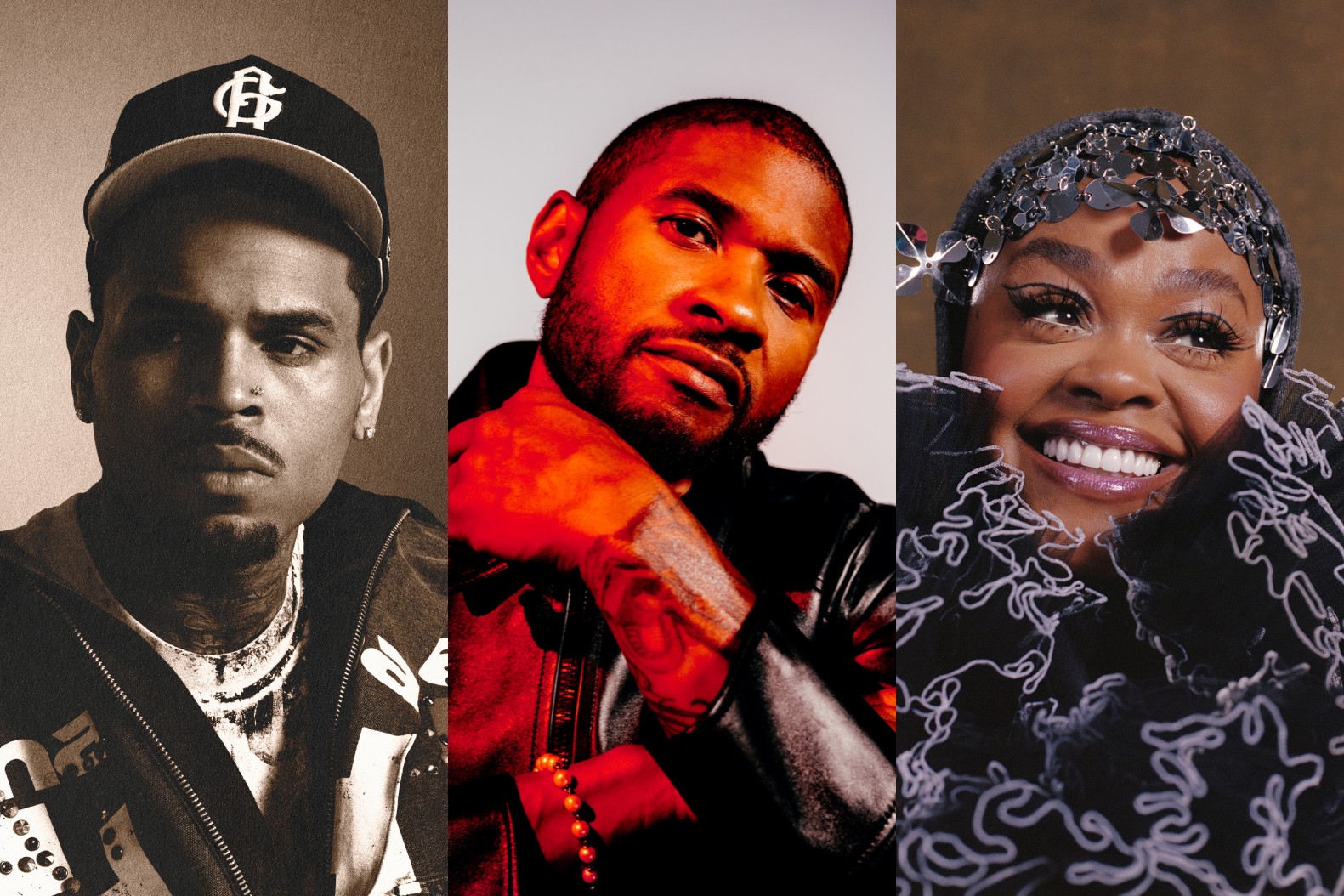 A photo of Chris Brown, Usher and Jill Scott, who are among the R&B artists set to tour in 2026