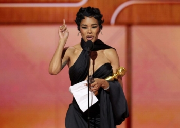 Teyana Taylor accepts the Best Performance by a Supporting Actress in Any Motion Picture Award for "One Battle After Another" at 83rd Golden Globes. (Photo Credit: Kevork Djansezian/CBS)