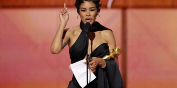 Teyana Taylor accepts the Best Performance by a Supporting Actress in Any Motion Picture Award for "One Battle After Another" at 83rd Golden Globes. (Photo Credit: Kevork Djansezian/CBS)