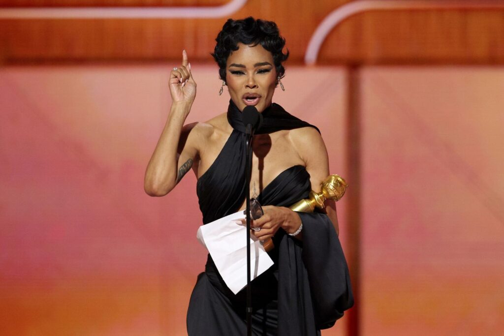 Teyana Taylor accepts the Best Performance by a Supporting Actress in Any Motion Picture Award for "One Battle After Another" at 83rd Golden Globes. (Photo Credit: Kevork Djansezian/CBS)