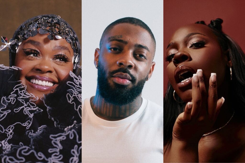 A side by side photo of Jill Scott, Brent Faiyaz and Shae Universe.