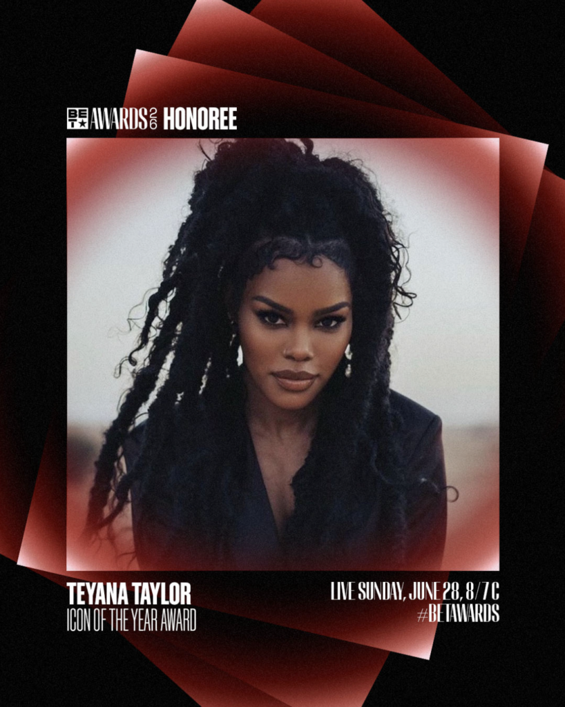 A graphic featuring Teyana Taylor as an honoree of BET's Icon of the Year Award